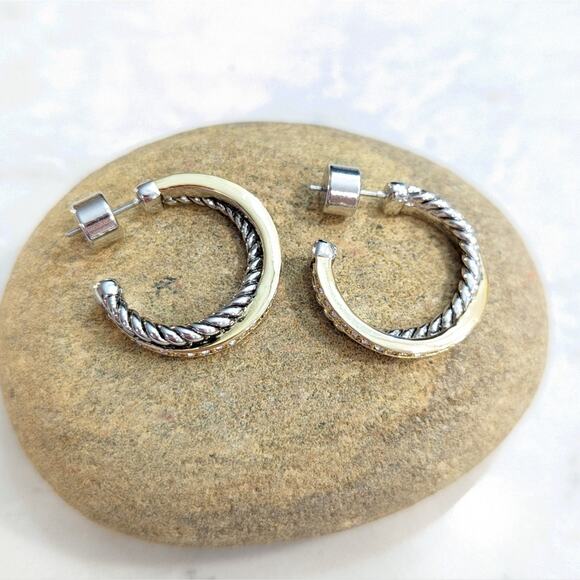 GOLD SILVER Two Tone Sparkle Twisted Rope Hoop Earrings - Picture 3 of 16